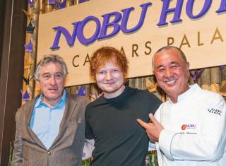 Robert De Niro, Ed Sheeran and Nobu Masuhisa attend the Nobu Caesars Palace Hotel grand-opening celebration Sunday, April 28, 2013.